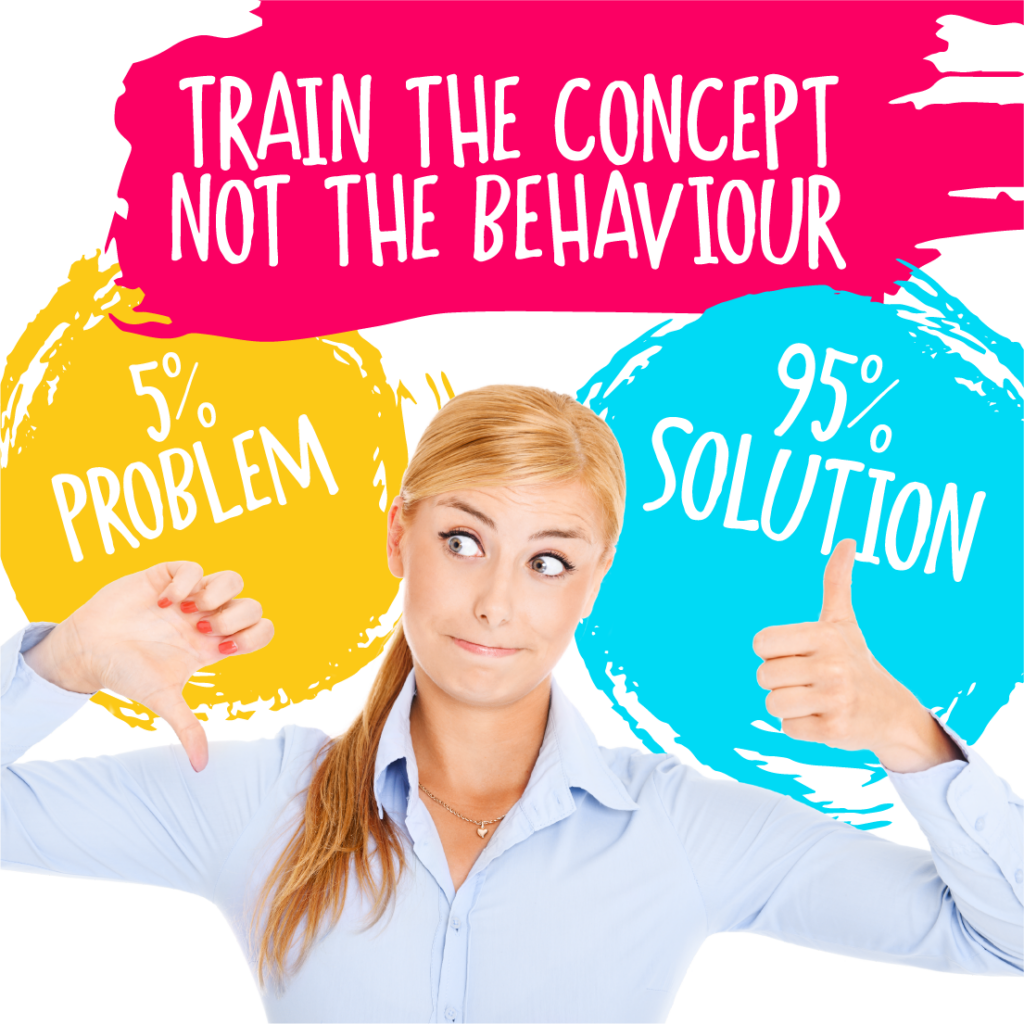 Train the concept, not the behaviour. 5% problem, 95% solution. Text in colourful bubbles with woman who has one thump up and one down