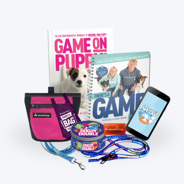 Image of Perfect Pet Dog digital course, Game On, Puppy! Book, There’s A Game For That! Recipe Book, Puppy Line, Double Clip Biothane Lead, Clicker, Treat Bag, Poo Bags and Doggy Double Card Game
