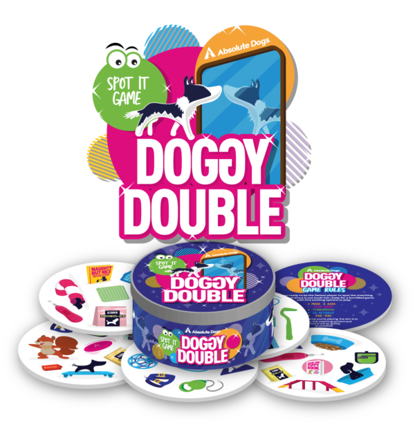 Doggy Double tin and array of cards arranged under product logo