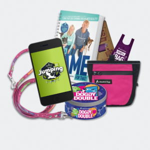The Ultimate Stop Jumping Collection - image of treat pouch, biothane lead, There's A Game For That! book, poo bags, Doggy Double, and 10 Days To Stop Jumping digital course